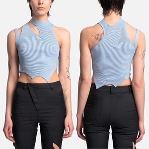 Feng Chen Wang Blue Cut Away Ribbed Knit Crop Top - M - NWT